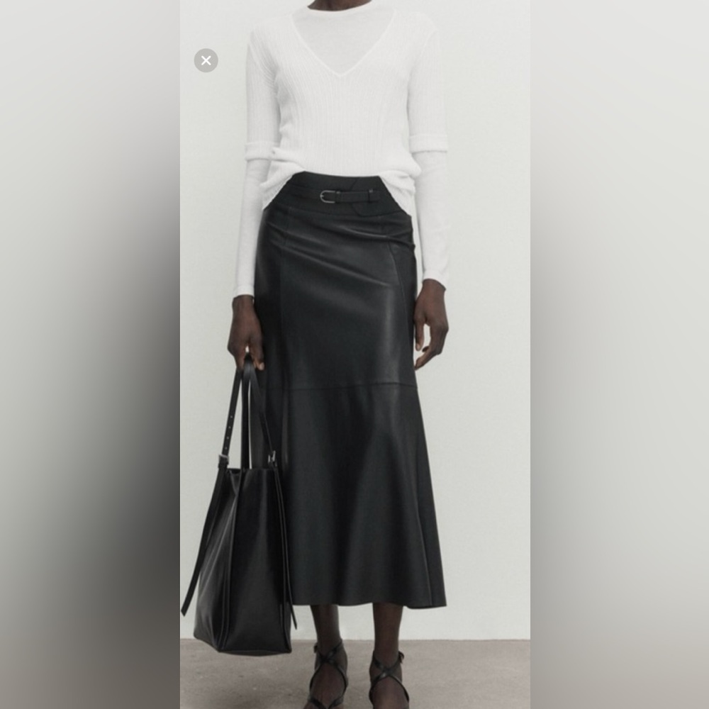 NWT $450 Massimo Dutti Black Leather Midi A-silhouette Skirt with Belt Sz S